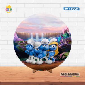 Painel Redondo 3D Smurfs Tecido 50cm X 50cm Com Suporte MDF