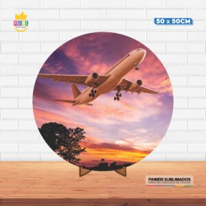 Painel Redondo 3D Avião Tecido 50cm X 50cm Com Suporte MDF