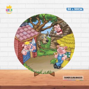 Painel Redondo 3D Três Porquinhos Tecido 50cm X 50cm Com Suporte MDF