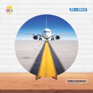 Painel Redondo 3D Avião Tecido 50cm X 50cm Com Suporte MDF