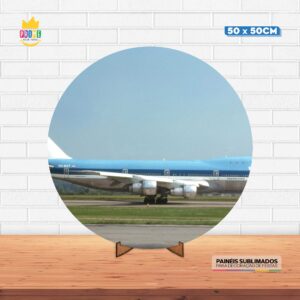 Painel Redondo 3D Avião Tecido 50cm X 50cm Com Suporte MDF