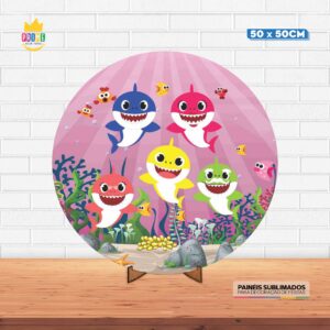 Painel Redondo 3D Baby Shark Tecido 50cm X 50cm Com Suporte MDF