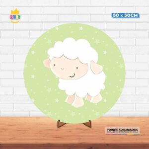 Painel Redondo 3D Ovelhinha Tecido 50cm X 50cm Com Suporte MDF