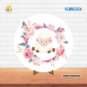 Painel Redondo 3D Ovelhinha Tecido 50cm X 50cm Com Suporte MDF