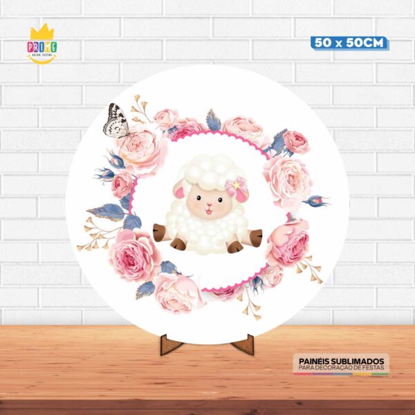 Painel Redondo 3D Ovelhinha Tecido 50cm X 50cm Com Suporte MDF