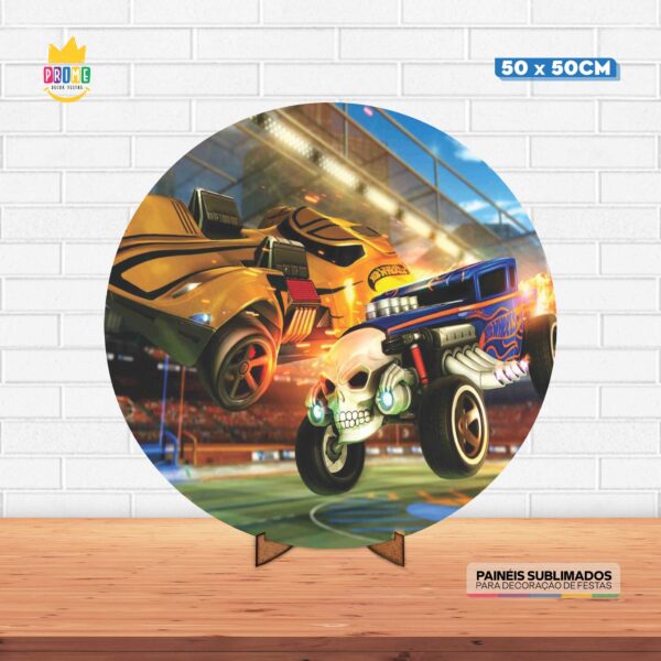 Painel Redondo 3D Hot Wheels Tecido 50cm X 50cm Com Suporte MDF