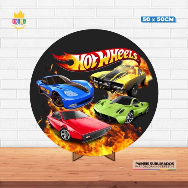 Painel Redondo 3D Hot Wheels Tecido 50cm X 50cm Com Suporte MDF