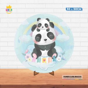 Painel Redondo 3D Panda Tecido 50cm X 50cm Com Suporte MDF
