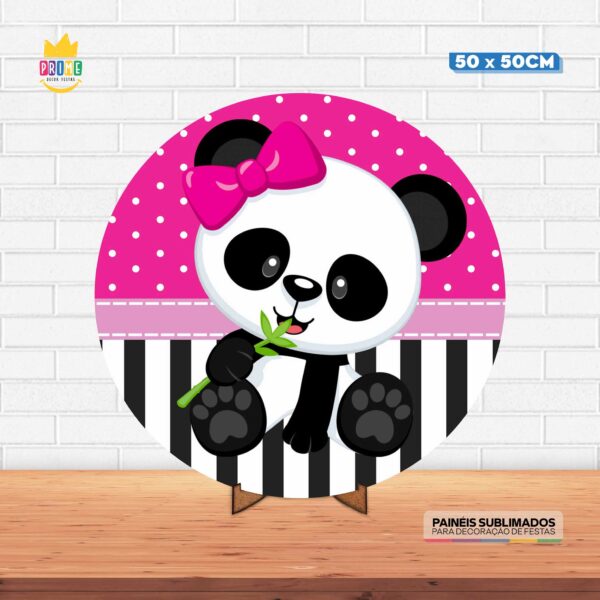 Painel Redondo 3D Panda Rosa Tecido 50cm X 50cm Com Suporte MDF