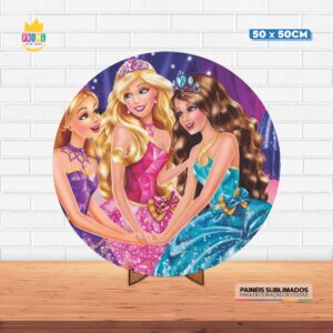 Painel Redondo 3D Barbie Tecido 50cm X 50cm Com Suporte MDF