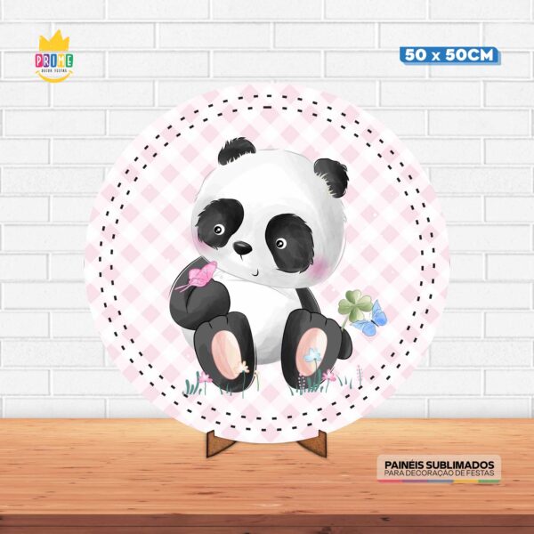 Painel Redondo 3D Panda Tecido 50cm X 50cm Com Suporte MDF
