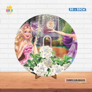 Painel Redondo 3D Barbie Tecido 50cm X 50cm Com Suporte MDF