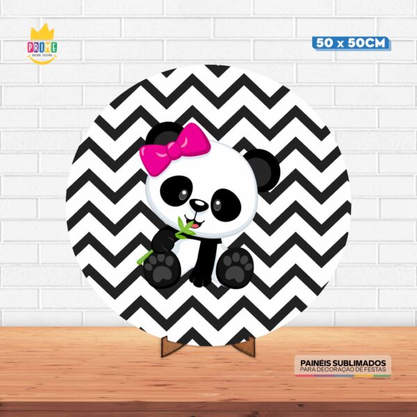 Painel Redondo 3D Panda Tecido 50cm X 50cm Com Suporte MDF