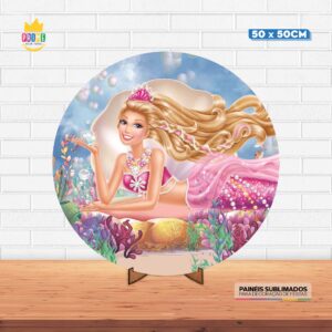 Painel Redondo 3D Barbie Tecido 50cm X 50cm Com Suporte MDF