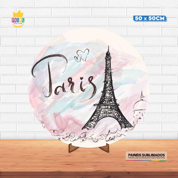 Painel Redondo 3D Paris Tecido 50cm X 50cm Com Suporte MDF