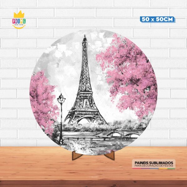 Painel Redondo 3D Paris Tecido 50cm X 50cm Com Suporte MDF