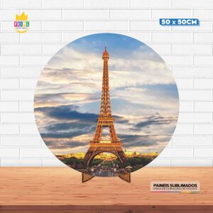 Painel Redondo 3D Paris Tecido 50cm X 50cm Com Suporte MDF