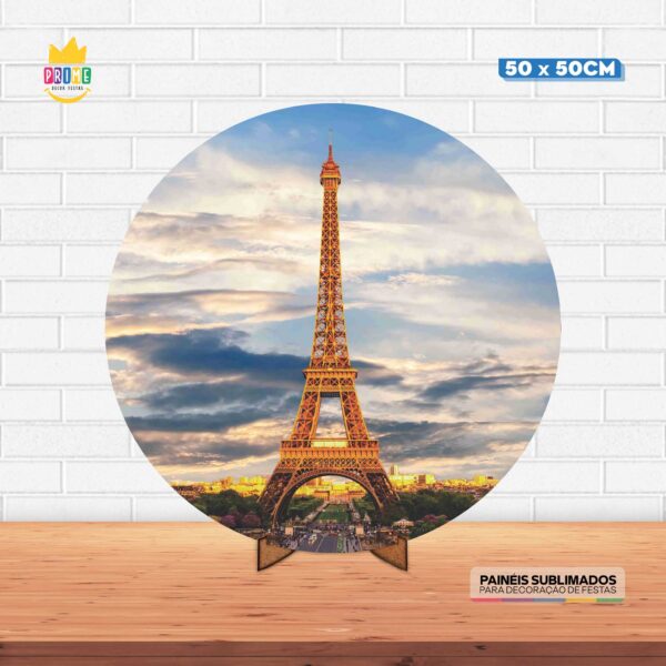 Painel Redondo 3D Paris Tecido 50cm X 50cm Com Suporte MDF