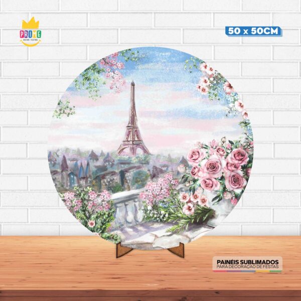 Painel Redondo 3D Paris Tecido 50cm X 50cm Com Suporte MDF