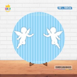 Painel Redondo 3D Batizado Tecido 50cm X 50cm Com Suporte MDF
