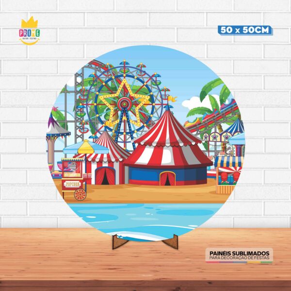 Painel Redondo 3D Circo Tecido 50cm X 50cm Com Suporte MDF