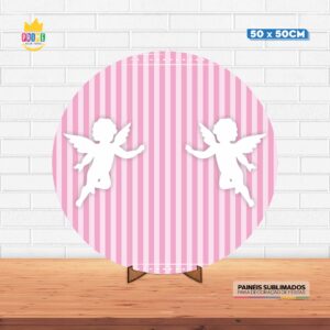 Painel Redondo 3D Batizado Rosa Tecido 50cm X 50cm Com Suporte MDF