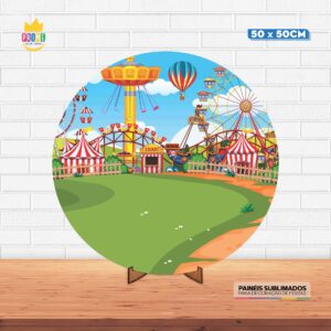 Painel Redondo 3D Parque de Diversão Tecido 50cm X 50cm Com Suporte MDF