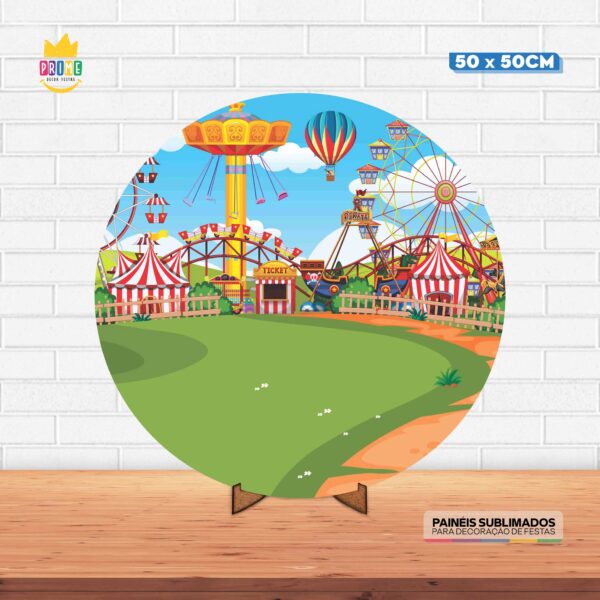 Painel Redondo 3D Parque de Diversão Tecido 50cm X 50cm Com Suporte MDF