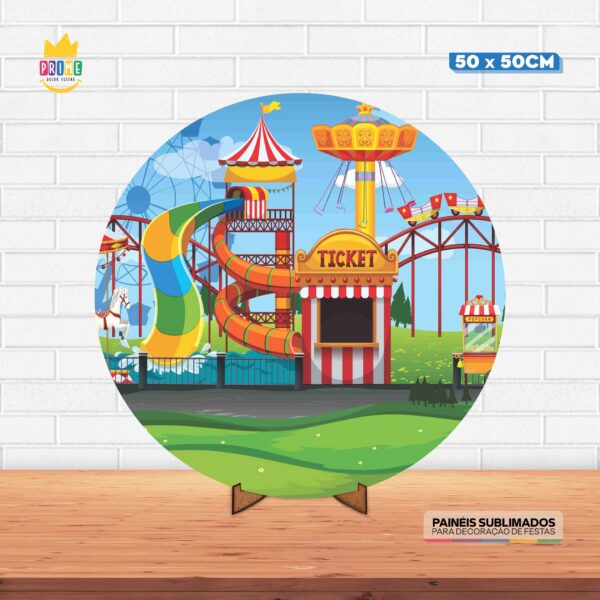 Painel Redondo 3D Parque de Diversão Tecido 50cm X 50cm Com Suporte MDF