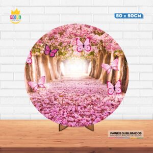 Painel Redondo 3D Jardim Encantado Rosa Tecido 50cm X 50cm Com Suporte MDF