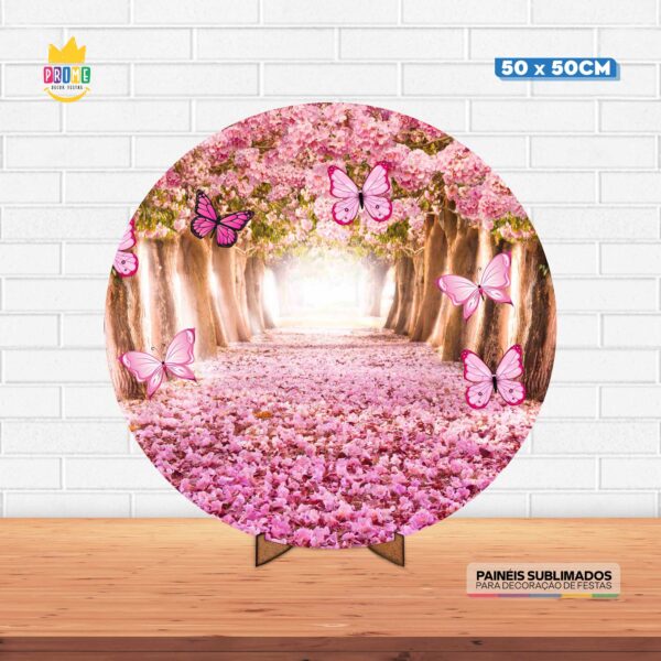 Painel Redondo 3D Jardim Encantado Rosa Tecido 50cm X 50cm Com Suporte MDF