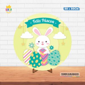 Painel Redondo 3D Pascoa Tecido 50cm X 50cm Com Suporte MDF