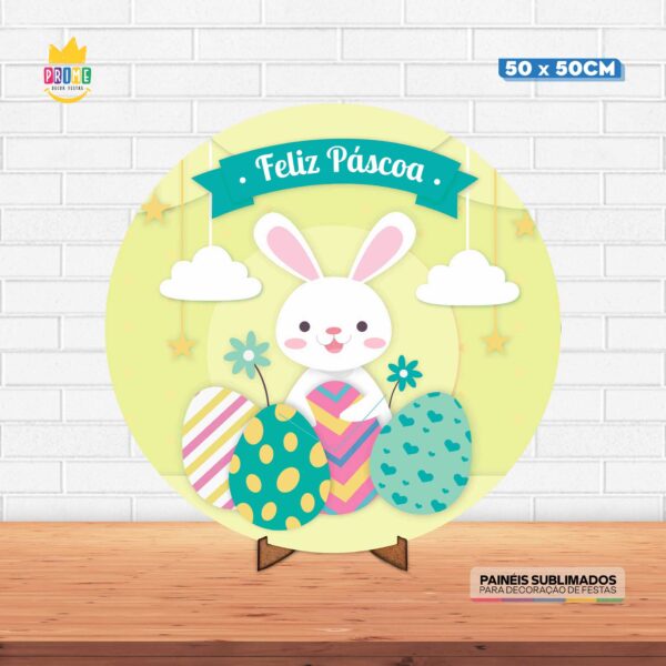 Painel Redondo 3D Pascoa Tecido 50cm X 50cm Com Suporte MDF
