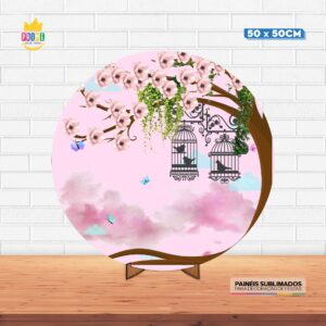 Painel Redondo 3D Jardim Encantado Tecido 50cm X 50cm Com Suporte MDF
