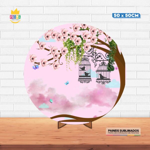 Painel Redondo 3D Jardim Encantado Tecido 50cm X 50cm Com Suporte MDF