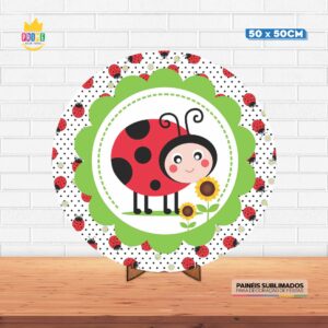 Painel Redondo 3D Joaninha Tecido 50cm X 50cm Com Suporte MDF