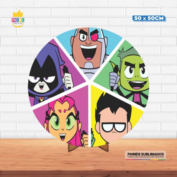 Painel Redondo 3D Jovens Titans Tecido 50cm X 50cm Com Suporte MDF