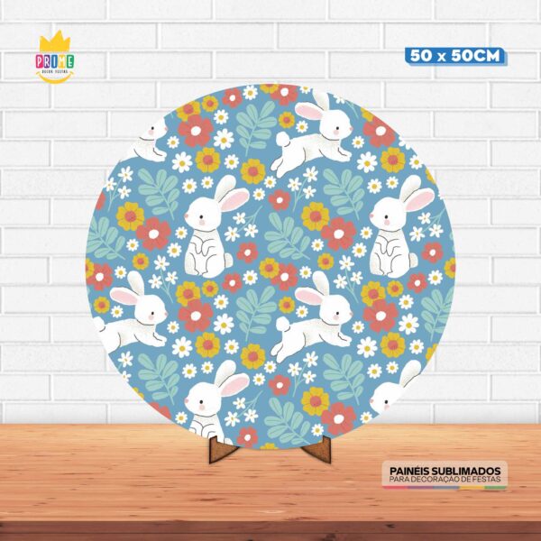 Painel Redondo 3D Pascoa Tecido 50cm X 50cm Com Suporte MDF
