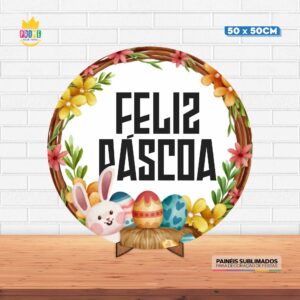 Painel Redondo 3D Pascoa Tecido 50cm X 50cm Com Suporte MDF
