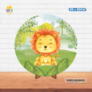 Painel Redondo 3D Leãozinho Tecido 50cm X 50cm Com Suporte MDF
