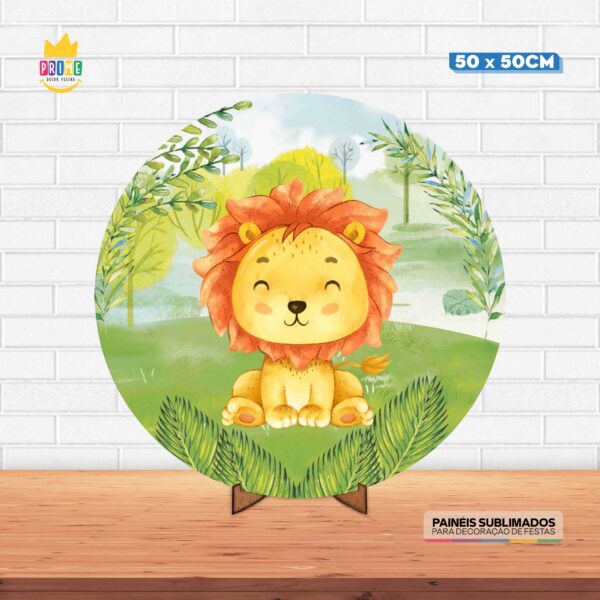 Painel Redondo 3D Leãozinho Tecido 50cm X 50cm Com Suporte MDF