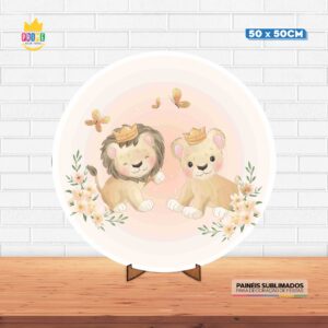Painel Redondo 3D Leãozinho Cute Tecido 50cm X 50cm Com Suporte MDF
