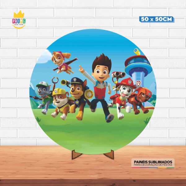 Painel Redondo 3D Patrulha Canina Tecido 50cm X 50cm Com Suporte MDF