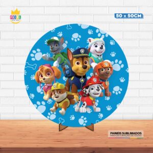 Painel Redondo 3D Patrulha Canina Tecido 50cm X 50cm Com Suporte MDF
