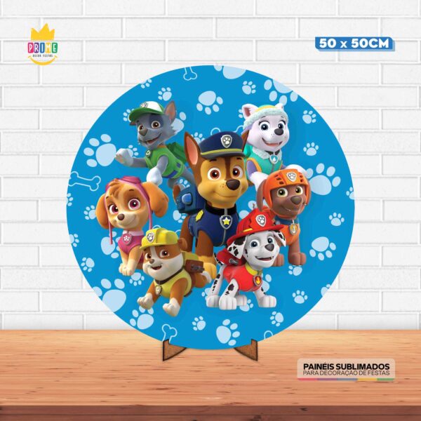 Painel Redondo 3D Patrulha Canina Tecido 50cm X 50cm Com Suporte MDF