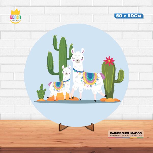 Painel Redondo 3D Lhama Tecido 50cm X 50cm Com Suporte MDF