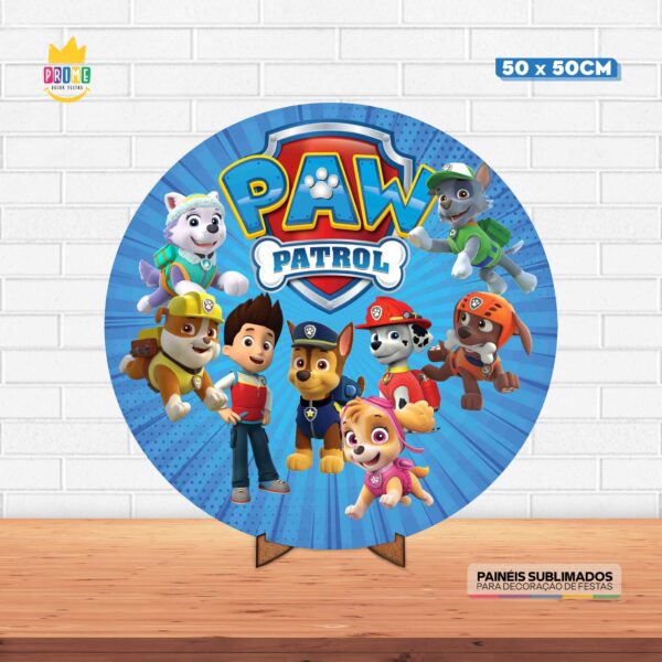 Painel Redondo 3D Patrulha Canina Tecido 50cm X 50cm Com Suporte MDF