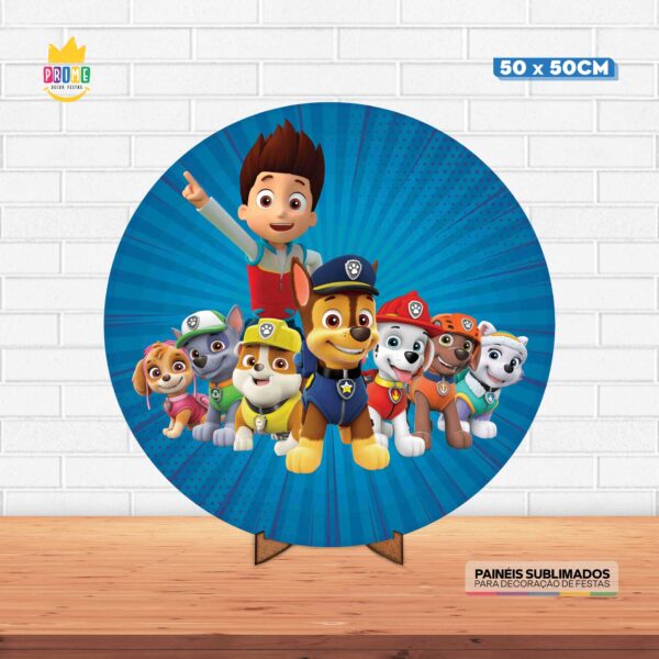 Painel Redondo 3D Patrulha Canina Tecido 50cm X 50cm Com Suporte MDF