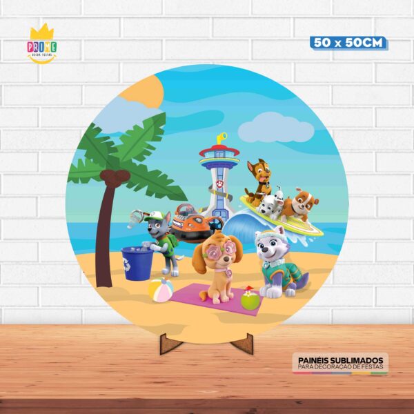 Painel Redondo 3D Patrulha Canina Tecido 50cm X 50cm Com Suporte MDF