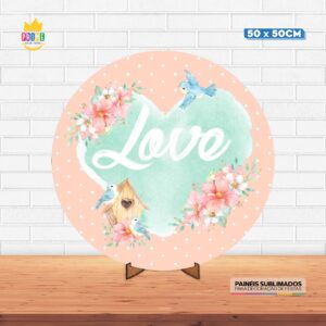 Painel Redondo 3D Love Tecido 50cm X 50cm Com Suporte MDF